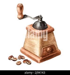 Classic Coffee Grinder with coffee beans.  Hand drawn watercolor illustration isolated  on white background Stock Photo
