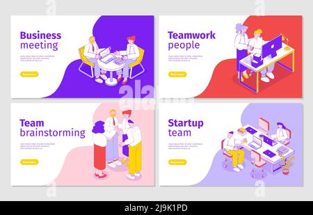 Business people 4 isometric web banners with startup team meeting brainstorming effective teamwork collaboration vector illustration Stock Vector