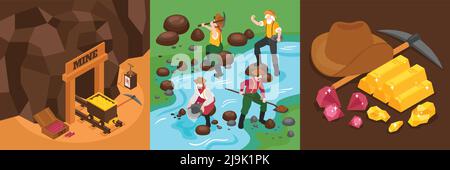 Isometric gold mining design concept with square compositions of mine and bars of gold panning workers vector illustration Stock Vector