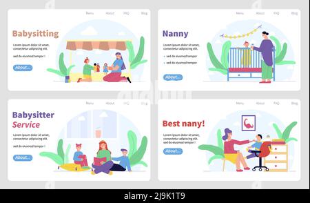 Babysitter service set of horizontal banners with editable text and flat characters of nannies with kids vector illustration Stock Vector