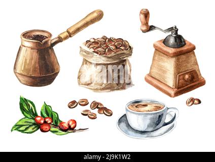 Classic Coffee Grinder, Cezve, cup of coffee and coffee beans. Hand drawn watercolor illustration isolated  on white background Stock Photo