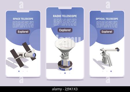 Isometric banners set with professional space radio and optical telescopes for exploring astronomy objects 3d isolated vector illustration Stock Vector