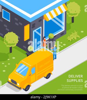 Logistical chain supplies transportation service isometric composition with yellow van courier delivers parcel to customer vector illustration Stock Vector