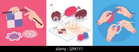 Isometric knitting design concept set of square compositions with human hands holding pins and colourful clews vector illustration Stock Vector