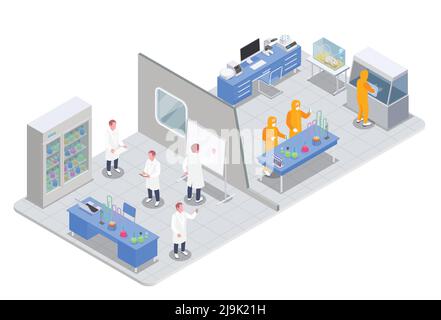 Pharmaceutical production isometric composition with view of research and test rooms with medical products and scientists vector illustration Stock Vector