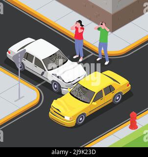 Road collision at intersection isometric composition with cars involved ...