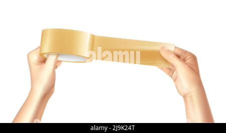 Colored and realistic sticky golden and shiny adhesive tape in hands composition vector illustration Stock Vector