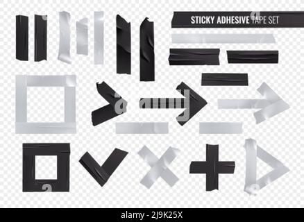 Black silver sticky adhesive tape realistic icon set with torn and crumpled glued in different figures vector illustration Stock Vector