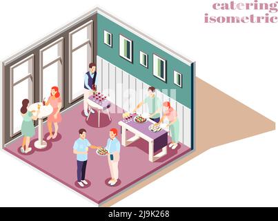 Catering and banquets indoors isometric composition with food and drinks vector illustration Stock Vector