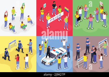 Public protest demonstration isometric design concept with human characters of police officers making peace with protesters vector illustration Stock Vector