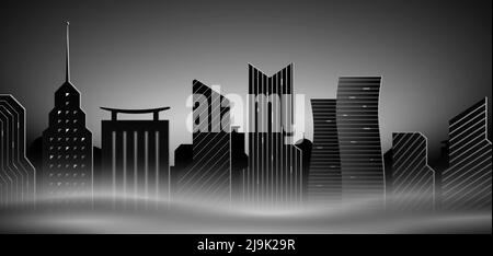 Black and white foggy night city skyline with skyscrapers, panoramic dark vector background. Stock Vector