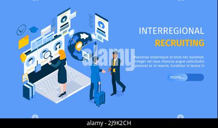Interregional recruiting program landing page with standing on laptop agent searching candidates isometric web banner vector illustration Stock Vector