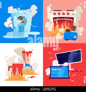 Broken household appliances gadgets flat icon set with broken washing machine toaster pc fire kettle and oven vector illustration Stock Vector