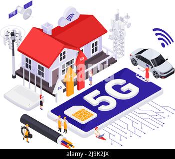 High speed modern internet 5G technology isometric concept with satellite antenna cloud wi fi signs Stock Vector