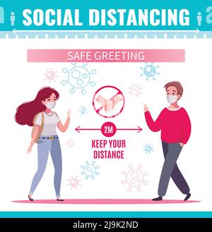 Social distancing infographic poster with two people in masks greeting each other safely cartoon vector illustration Stock Vector