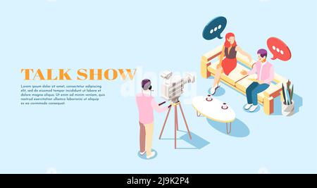 Isometric background with talk show host guest and operator in studio 3d vector illustration Stock Vector