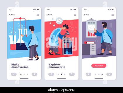 Life science chemical laboratory staff explores micro world analyzing results 3 vertical smartphone screens banners vector illustration Stock Vector