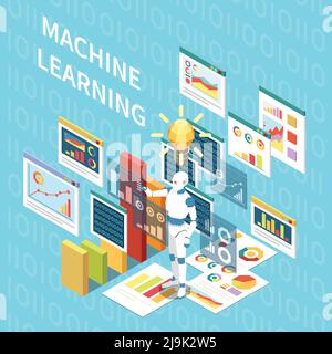 Artificial intelligence isometric composition with editable text and holographic windows with graphs touched by anthrophomorphic robot vector illustra Stock Vector