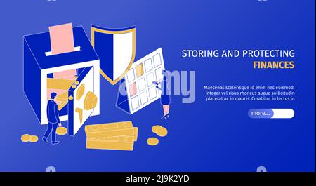 Finance storing and protecting service landing page with safe lock box horizontal isometric web banner vector illustration Stock Vector