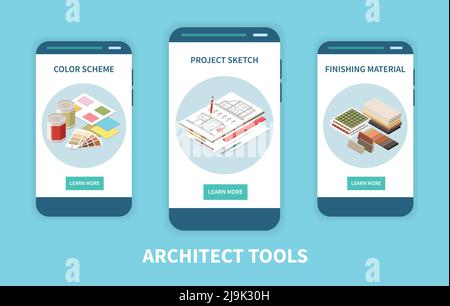 Architect set of three vertical banners with isometric images of projects materials and learn more buttons vector illustration Stock Vector