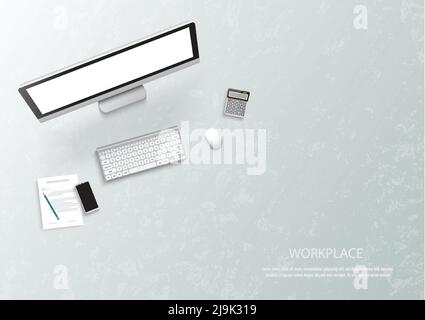 Top view of workplace background, monitor, keyboard, notebook, phone, documents, folder, planner, calculator, Workspace, analytics, optimization, mana Stock Vector