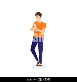 Man holding smartphone and chatting messages. Communication in the network. Vector illustration in cartoon style Stock Vector
