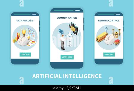 Artificial intelligence set of isometric vertical banners with data analysis and remote control images with buttons vector illustration Stock Vector