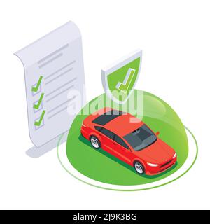 Car ownership usage isometric composition with bubble and protected car icon with sign of paper agreement vector illustration Stock Vector