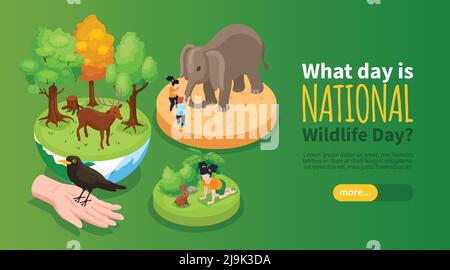 World wildlife day horizontal banner with deer elephant bunny cartoon characters isometric vector illustration Stock Vector