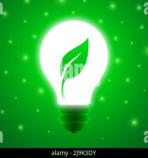 Green energy eco light bulb with a growing leaf and magical light sparkles. Ecological electricity concept vector poster. Stock Vector