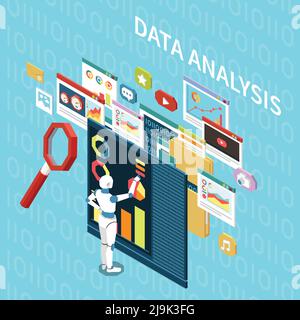 Artificial intelligence isometric composition with data analysis pictograms computer windows and character of robot with text vector illustration Stock Vector