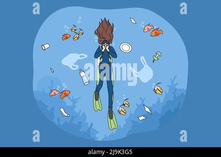 Scuba diver floating in contaminated with plastic garbage sea. Female swimming in ocean see water contamination. Concept of ecological catastrophe and ecosystem. Vector illustration.  Stock Vector