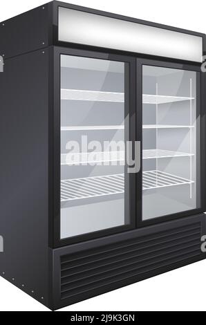 Commercial glass door drink fridge realistic composition with isolated image of double door shop fridge vector illustration Stock Vector