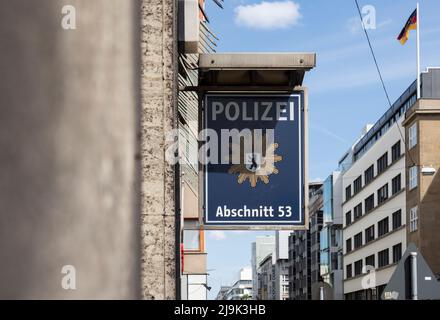 Berlin, Germany. 23rd May, 2022. 'Police - Section 53' is written on the sign at the station on Friedrichstraße. Credit: Paul Zinken/dpa/Alamy Live News Stock Photo