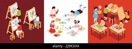 Isometric children art school design concept with compositions of kids characters at tables and drawing easels vector illustration Stock Vector
