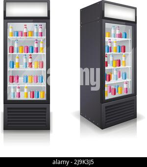 Drinks fridge closed display door filled with colorful refreshments bottles front and angular views realistic vector illustration Stock Vector