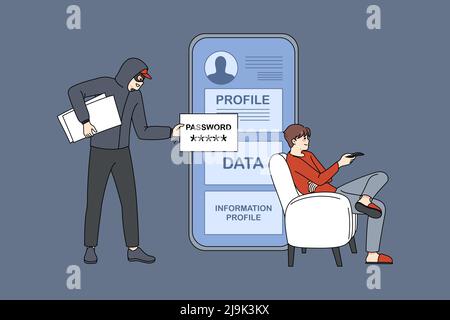 Hacker steal confidential information from person personal account. Digital money theft attack male client application, get username and password. Phishing and bank fraud. Vector illustration.  Stock Vector