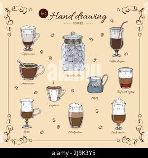 Coffee hand drawn colored set with decorative frame beverages in different glasses and cups isolated vector illustration Stock Vector