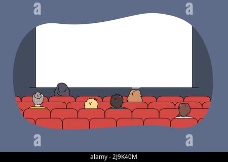 Rear view of people sitting in movie theater watching premier show. Viewers or clients enjoy evening in cinema look at projection screen. Mockup, motion picture. Vector illustration.  Stock Vector