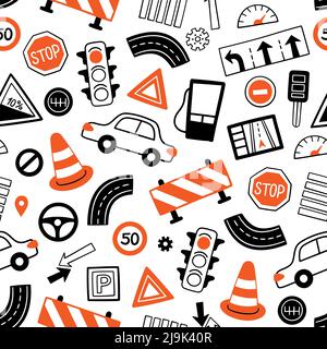 Hand drawn drive symbols seamless pattern. Doodle cars, road objects, traffic sign and automobile symbols. Vector illustration for driving school auto Stock Vector