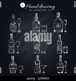 Alcoholic beverages monochrome icons set with bottles and glasses of different shape on black chalkboard vector illustration Stock Vector