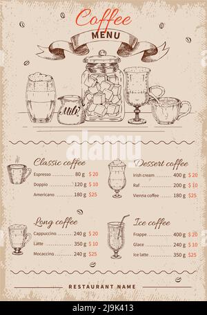 Coffee hand drawn restaurant menu with drinks icons set and price list on worn background vector illustration Stock Vector