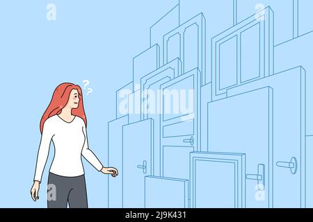 Confused woman in front of numerous doors find right solution or option. Frustrated female make life choice, finding correct path or way. Right and wrong decision. Vector illustration.  Stock Vector