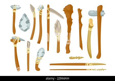 Ancient tools from bones and stones vector illustrations set. Primitive weapons of prehistoric people or barbarians for hunting, knife, axe isolated o Stock Vector