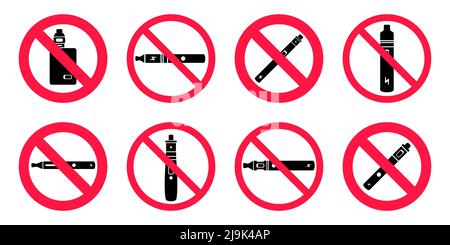 No vaping sign. Red forbidden circle sign icon isolated on white background vector illustration set. Vape and smoke and in prohibition circle. Stock Vector