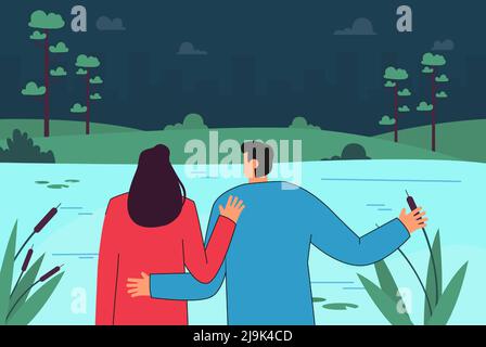 Back view of couple in front of lake at night. Boyfriend and girlfriend on date in nature flat vector illustration. Love, romance, camping concept for Stock Vector