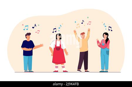 Cartoon boys and girls singing in church choir or karaoke. Group of kids performing songs, activities for children flat vector illustration. Performan Stock Vector