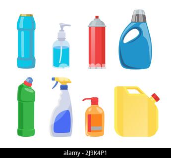 Bottles for cleaning products flat vector illustrations set. Plastic containers for liquid laundry detergent, soap, disinfectant spray, bleach isolate Stock Vector