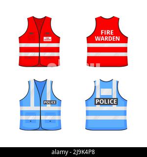 Safety reflective vest with label FIRE WARDEN, POLOCE flat style design vector illustration set. Red, blue fluorescent security safety jacket with ref Stock Vector