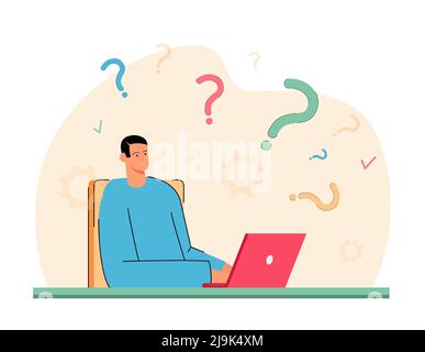 Confused person sitting with laptop and question marks. Puzzled young man thinking about answer flat vector illustration. FAQ, research, stress concep Stock Vector